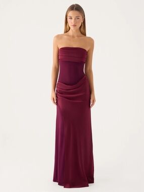 NWT Peppermayo Charmaine Strapless Burgundy Maxi Dress Maroon draped waist silk
